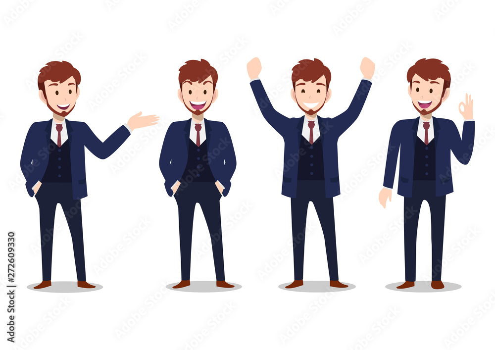 Businessman cartoon character, set of four poses. Handsome business man in office style smart suit . Vector illustration
