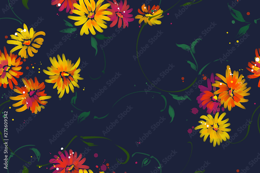 Obraz premium Floral seamless pattern with tropical leaves and flowers