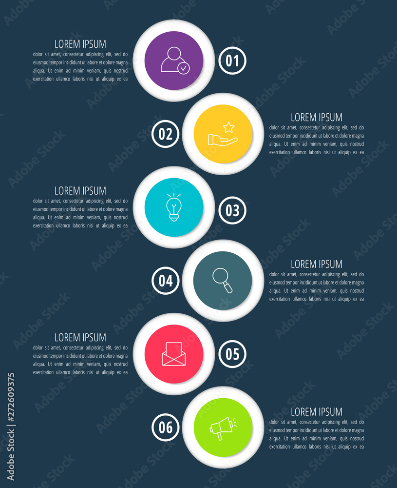 Vector infographic flat template circles for six label, diagram, graph, presentation. Business concept with 6 options and arrows. For content, flowchart, steps, timeline, workflow, marketing. EPS10