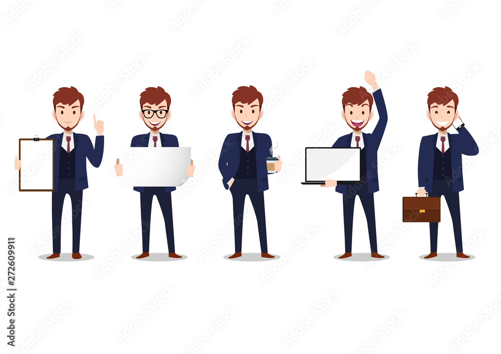 Business cartoon character, set of four poses. Handsome business man in  office style smart suit. Flat vector  Stock Vector | Adobe  Stock