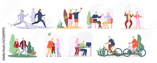 Elderly people. Senior grandfather grandmother couple sport tourist granny elderly people walking running cycling dancing vector set. Active lifestyle cycling and running illustration