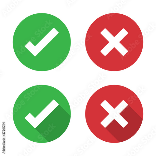Set of check mark and cross icon in a flat design