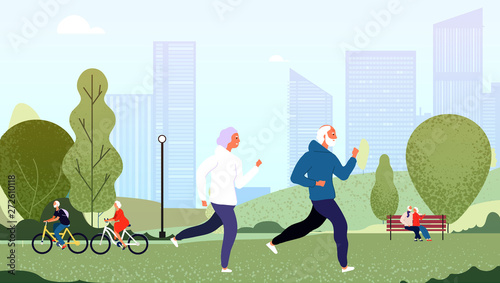 Elderly people park. Seniors happy grandfather grandmother couple elderly people walking running cycling summer outdoor vector concept. Senior woman and man couple run in park illustration