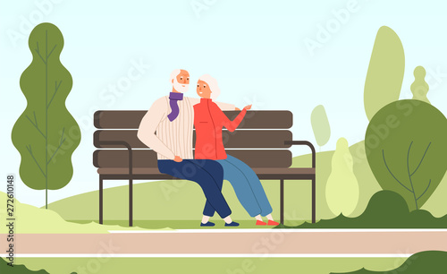 Elderly couple park. Seniors happy grandfather grandmother sitting on bench old family in summer nature city park vector concept. Illustration of couple sit on bench, grandfather and grandmother relax