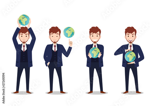 Businessman cartoon character, save the world or save the earth concept with set of four poses. Handsome business man in office style smart suit . Vector illustration