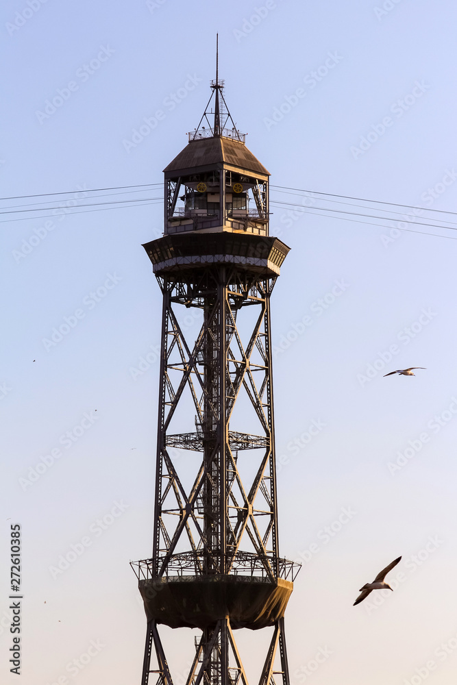 Funicular tower with the lines isolated in blue sky with evening Funicular tower with the lines isolated in blue sky with evening
