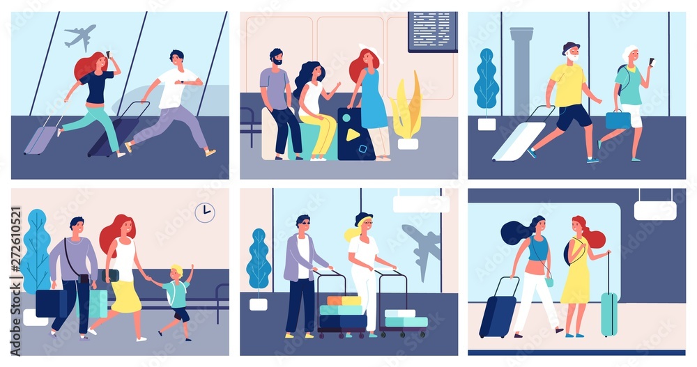 People airport. Tourists with suitcases international airport terminal passengers traveler summer travel transportation vector concept. Tourist passenger in airport terminal illustration