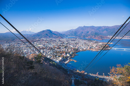 The Kachi Kachi Ropeway ascends 400 meters from the eastern shore of Lake Kawaguchiko to an observation deck near the peak of Mount Tenjo, Japan.