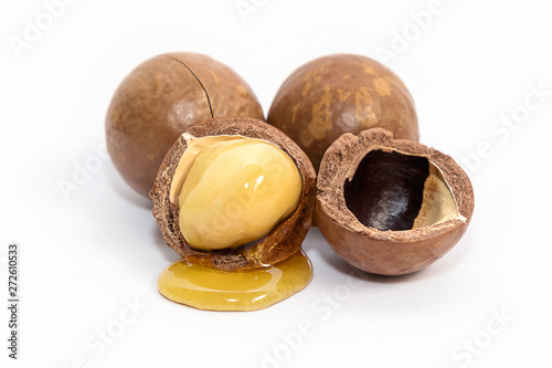 Macadamia oil and nuts on white background