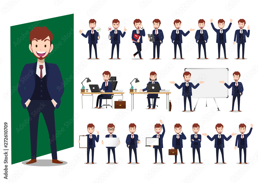 Set of cartoon characters of a businessman in smart suit on white background in various poses vector Set of cartoon characters of a businessman in smart suit on white background in various poses vector