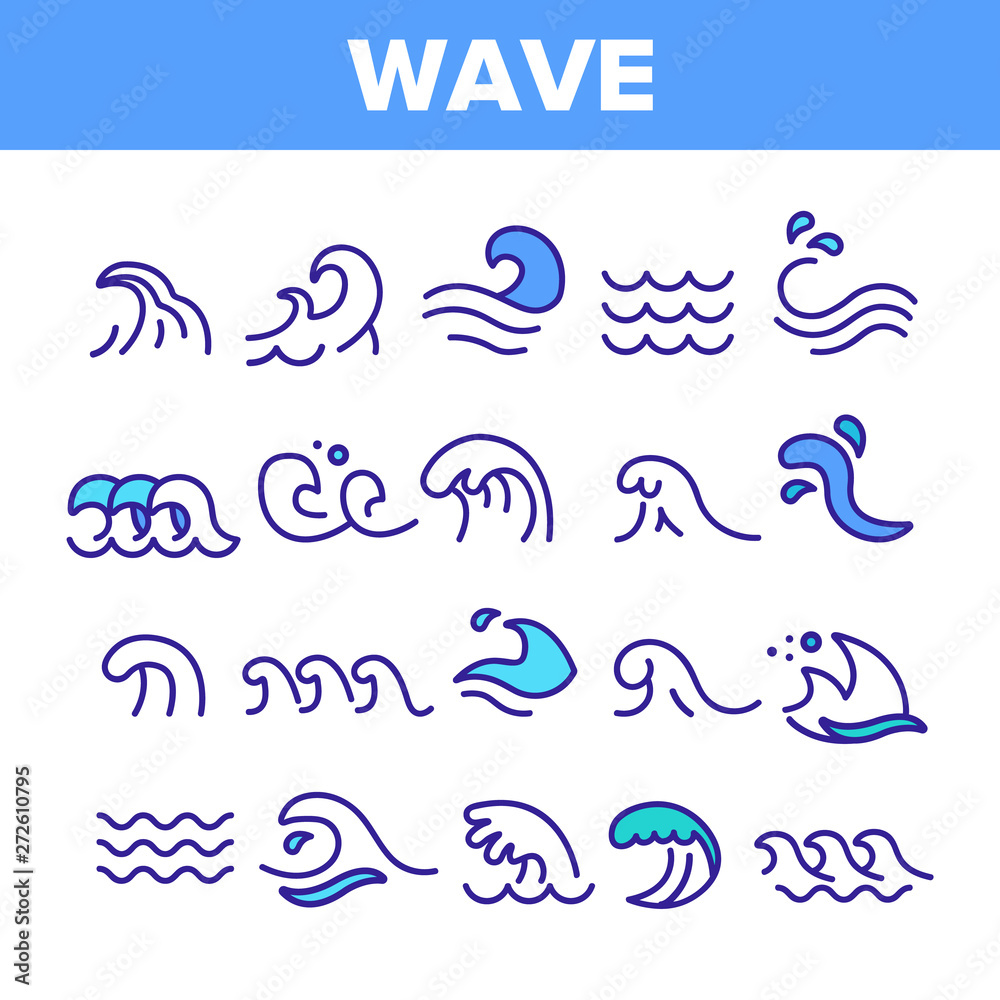 Sea And Ocean Waves Vector Linear Icons Set. Water Splashes, Wave With ...