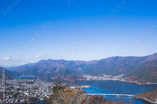Aerial view of lake Kawaguchiko from Mt. Kachi Kachi Ropeway, Japan