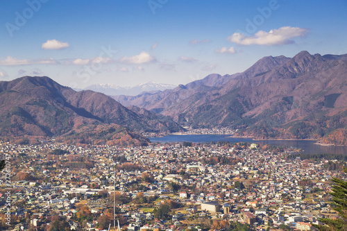 Aerial view of lake Kawaguchiko from Mt. Kachi Kachi Ropeway, Japan photo