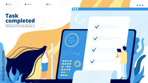 Online test landing. Internet questionnaire, survey voting quiz. Students, big checklist on screen. Exam test education vector concept. Illustration of exam test internet, questionnaire for education