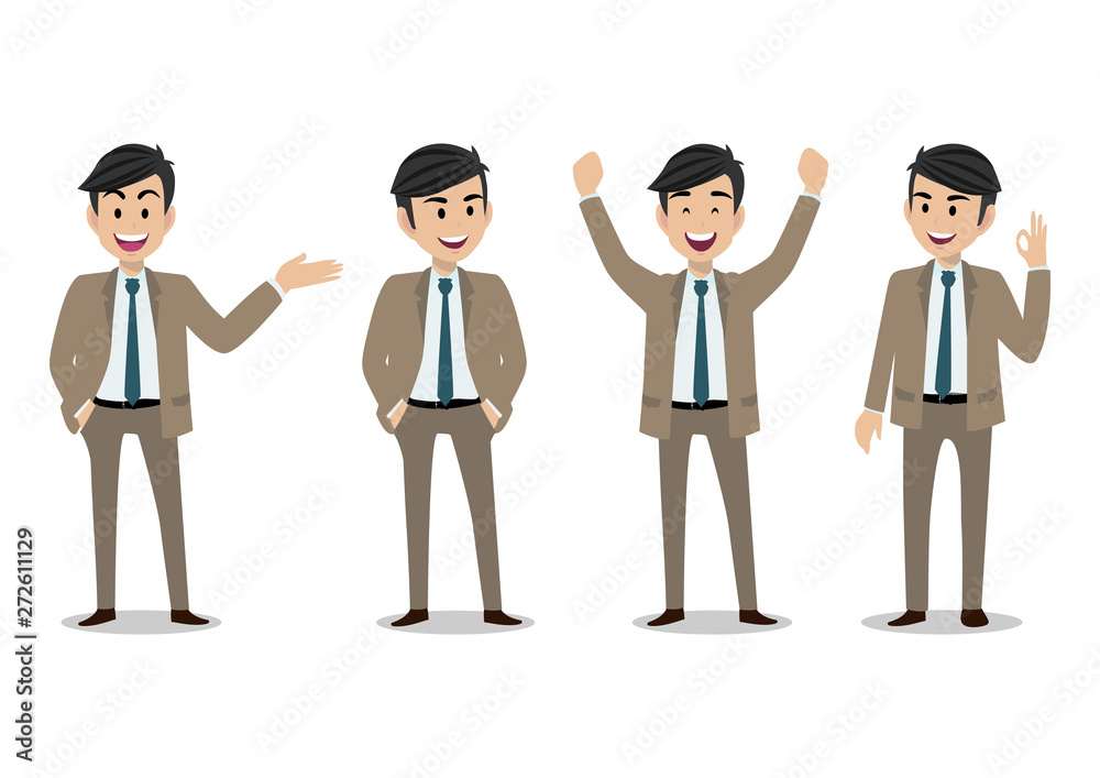 Businessman cartoon character, set of four poses. Handsome business man in office style smart suit . Vector illustration Businessman cartoon character, set of four poses. Handsome business man in office style smart suit . Vector illustration