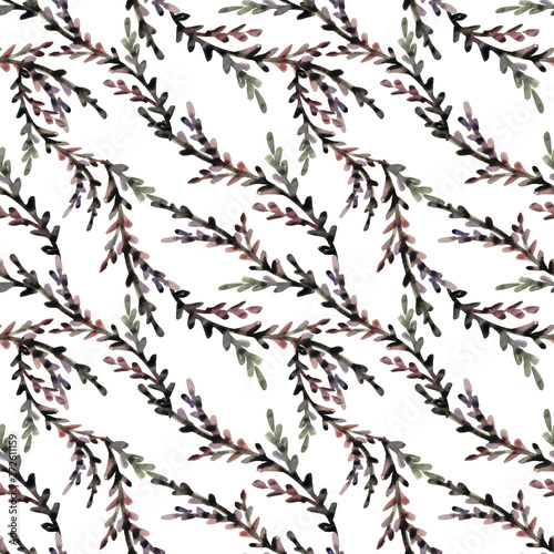 Fototapeta Naklejka Na Ścianę i Meble -  Seamless pattern of watercolor leaves and twigs. Print for fabric and other surfaces. Leaves and branches are drawn by hand. Abstract seamless pattern on a white background.