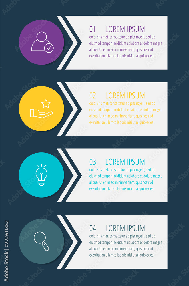 Fototapeta premium Vector infographic flat template circles for four label, diagram, graph, presentation. Business concept with 4 options and arrows. For content, flowchart, steps, timeline, workflow, marketing. EPS10