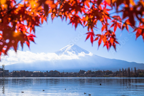 Colorful autumn season and Mount Fuji with maple leaves at lake Kawaguchiko in Japan