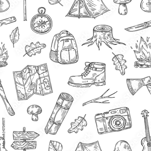 Camping pattern. Hiking, family camp in natural wood. Scout outdoor adventure sketch outline vector seamless texture. Adventure summer outdoor, hiking tourism travel illustration