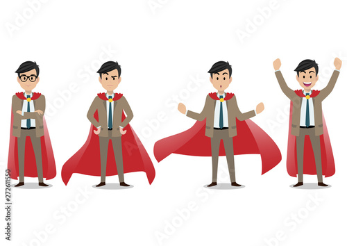 Businessman cartoon character in a superhero costume  Business winner concept with of hero in various poses.Super manager set. Vector illustration