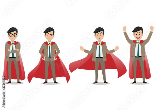 Businessman cartoon character in a superhero costume, Business winner concept with of hero in various poses.Super manager set. Vector illustration
