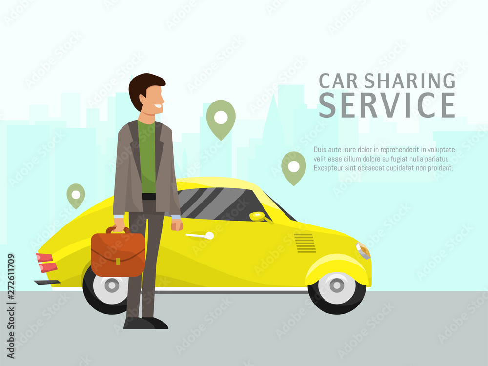 Car sharing landing page online transportation concept vector illustration. People use website to order online transportation car based on GPS. Man near urban auto design. Car sharing landing page online transportation concept vector illustration. People use website to order online transportation car based on GPS. Man near urban auto design.