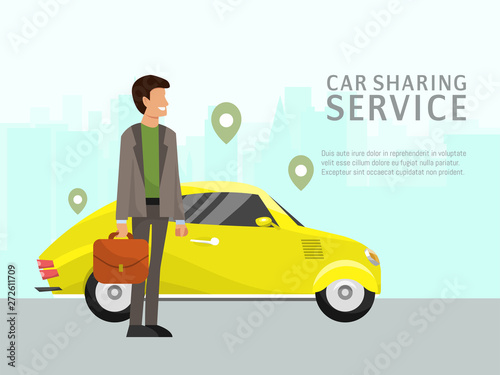 Car sharing landing page online transportation concept vector illustration. People use website to order online transportation car based on GPS. Man near urban auto design.