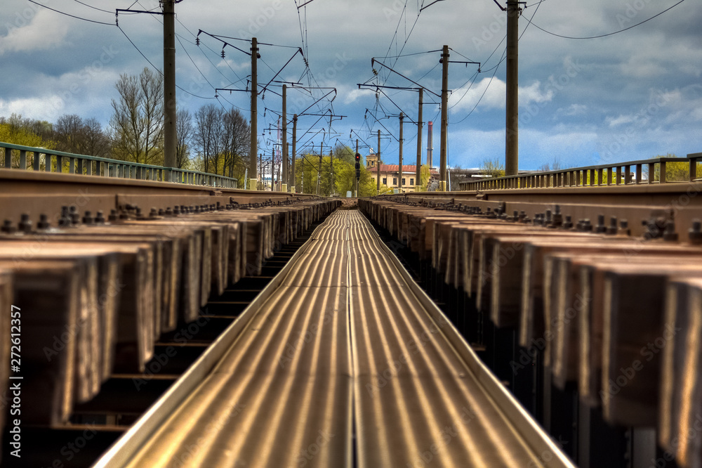 Railway station tracks going into perspective. Industrial landsc