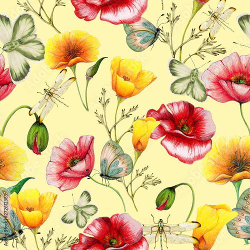 Hand drawn botanical seamless pattern of garden wildflowers plants