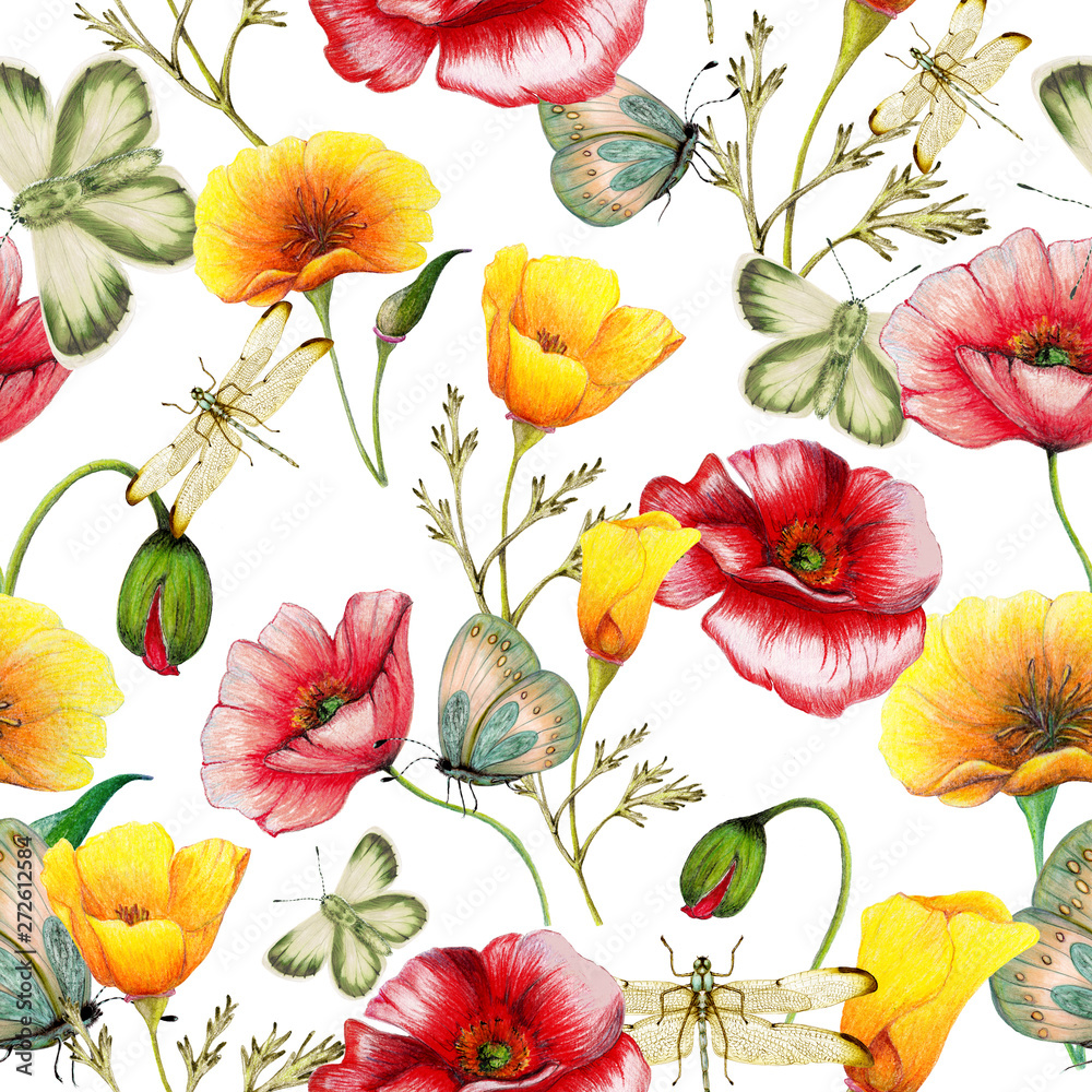 Hand drawn botanical seamless pattern of garden wildflowers,plants