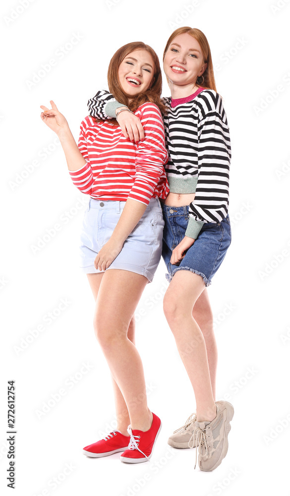 Portrait of happy young women on white background Portrait of happy young women on white background