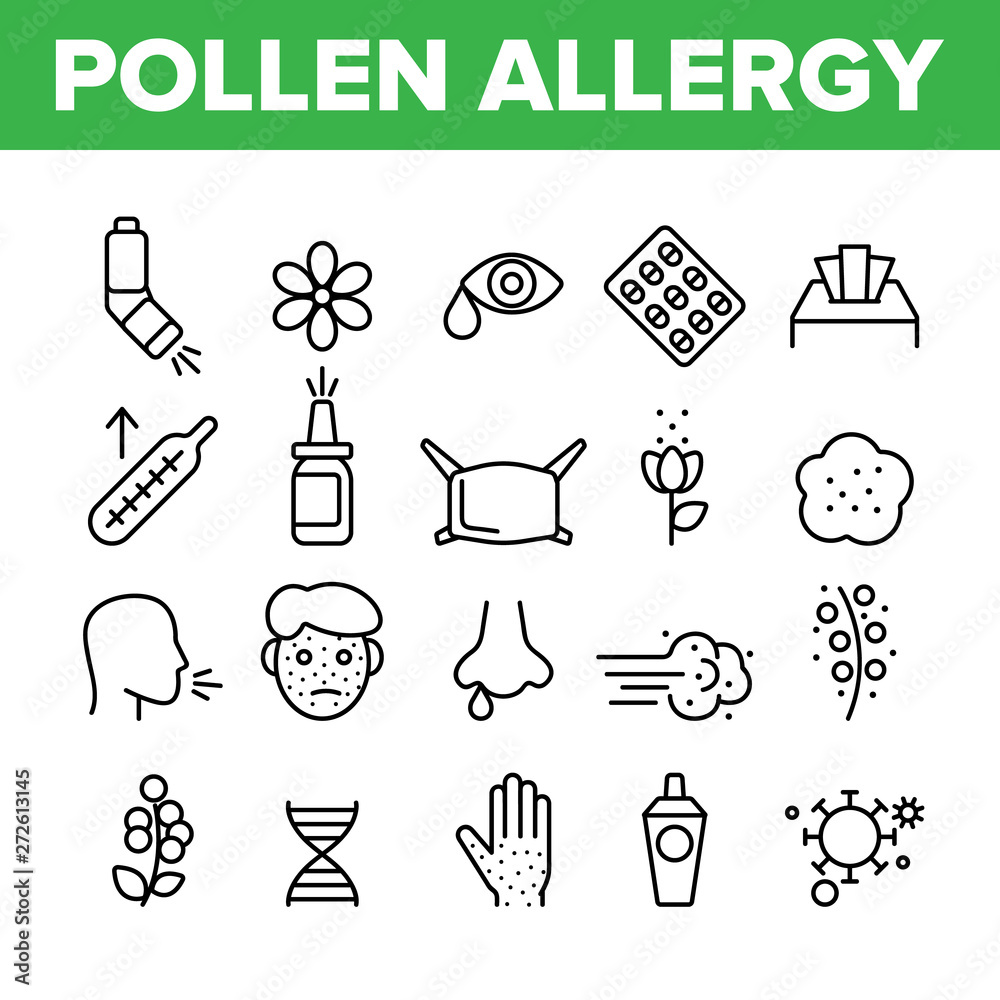 Pollen Allergy Symptoms Vector Linear Icons Set. Spring Seasonal