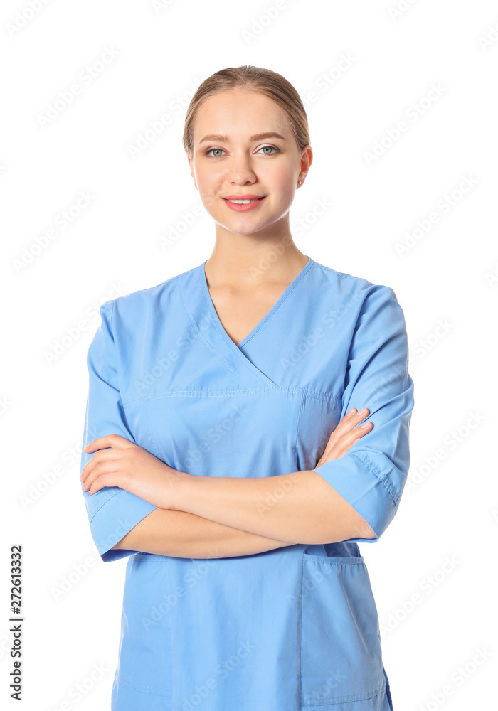 Young medical assistant on white background Young medical assistant on white background