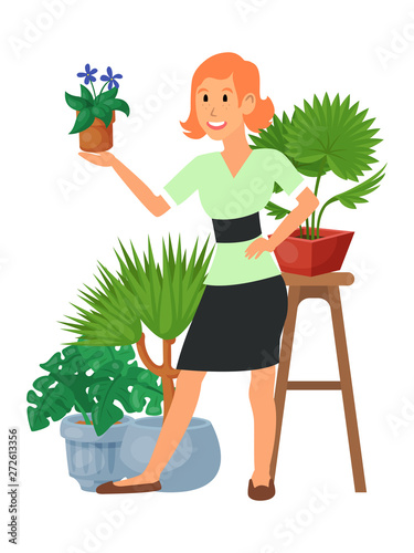 House florist woman flowers indoor floriculture vector illustration. Nature home decoration gardening. Indoor plants in flowerpot beauty decorative flora. Minimal foliage exotic garden houseplant and