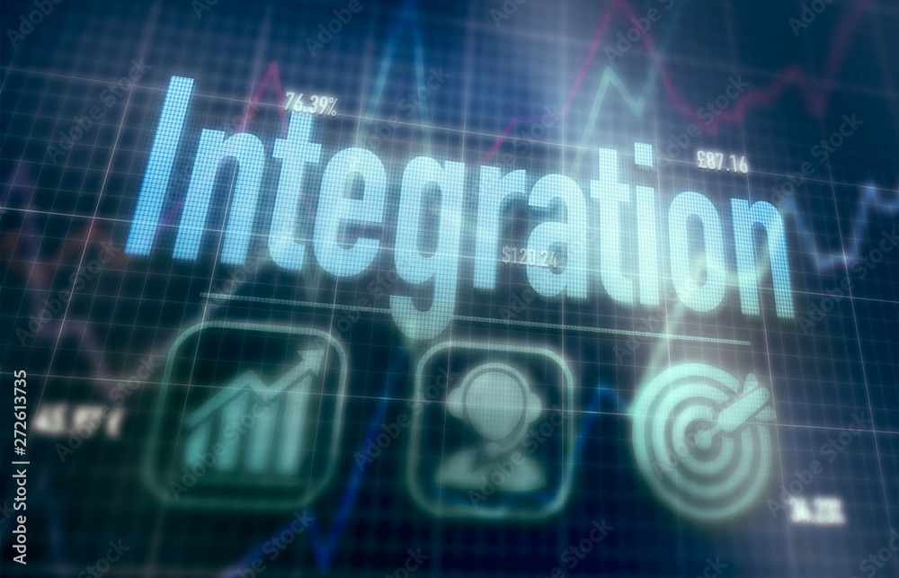 Integration concept on a blue dot matrix computer display. Integration concept on a blue dot matrix computer display.