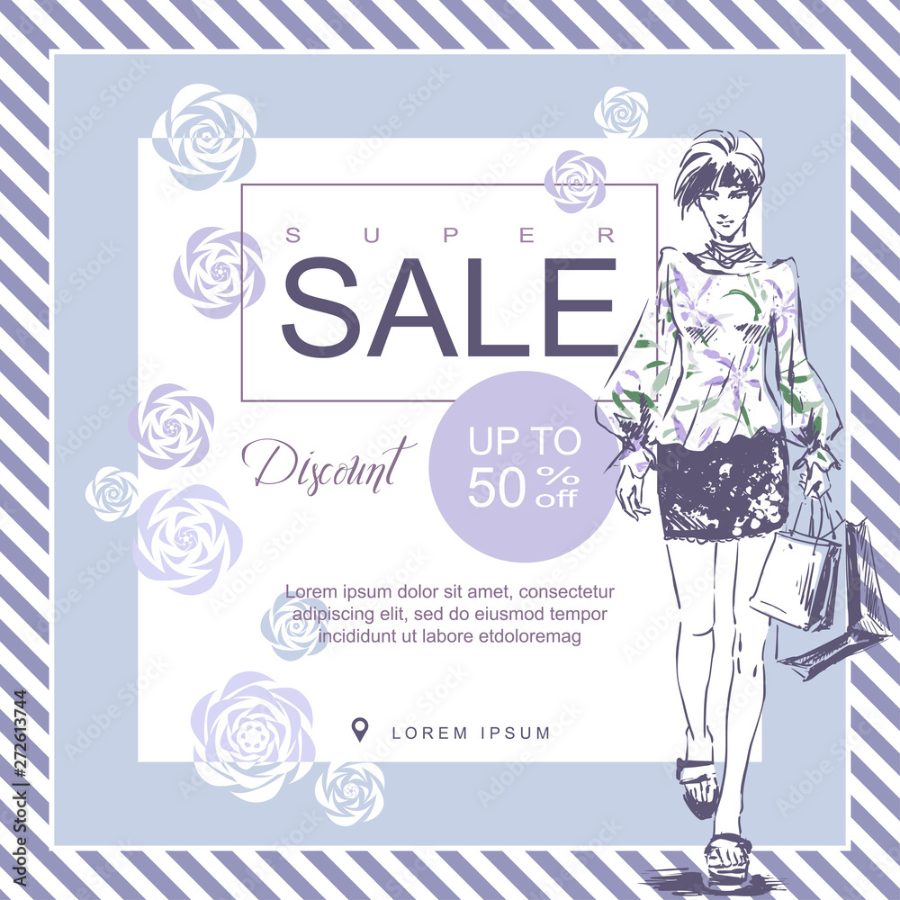 Layout for a big sale in fashion shop. Drawn fashion elegant girl in stylish clothes. Vector color booklet. Square brochure