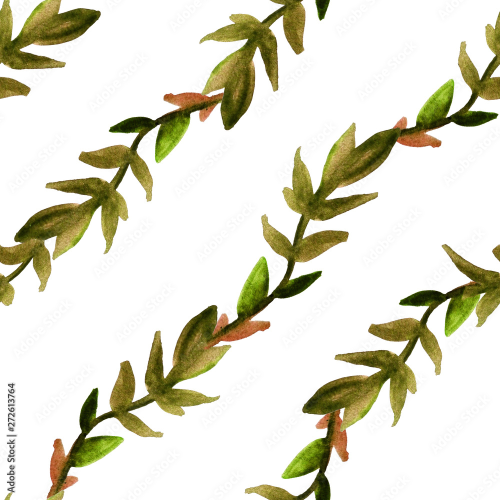Seamless pattern of watercolor leaves and twigs. Print for fabric and other surfaces. Leaves and branches are drawn by hand. Abstract seamless pattern on a white background. Seamless pattern of watercolor leaves and twigs. Print for fabric and other surfaces. Leaves and branches are drawn by hand. Abstract seamless pattern on a white background.