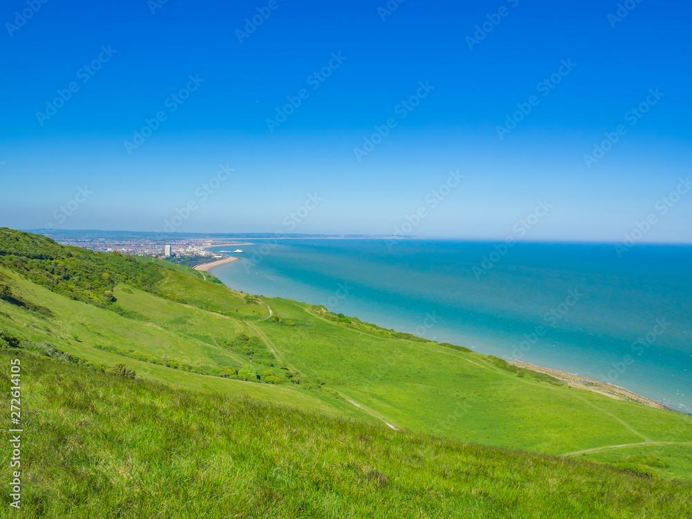 Aerial view over Eastbourne seafront from the South Downs near Beachy Head, East Sussex, England, UK.