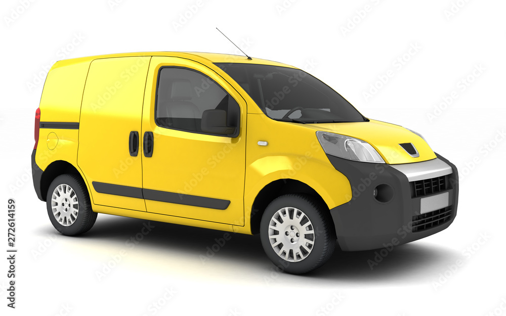 Yellow blank delivery cargo van isolated on white background. Perspective. Front side view.