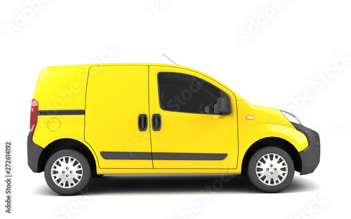 Yellow blank delivery cargo van isolated on white background. Right side view.