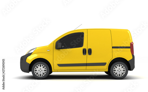 Yellow blank delivery cargo van isolated on white background. Left side view.