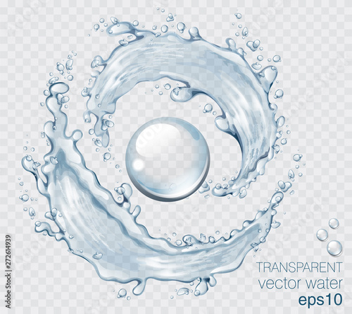 Transparent vector water splash and wave on light background