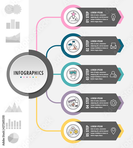 Vector modern flat illustration. Infographic template with elements, circles, text. Designed for business, presentations, web design, diagrams, education. Data visualization and process chart