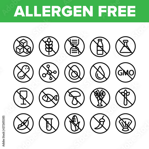 Allergen Free Food Vector Linear Icons Set. No Allergen Labelling, Eco And Organic Products Outline Symbols Pack. Ingredients Without GMO, Seafood, Peanuts, Alcohol Isolated Contour Illustrations