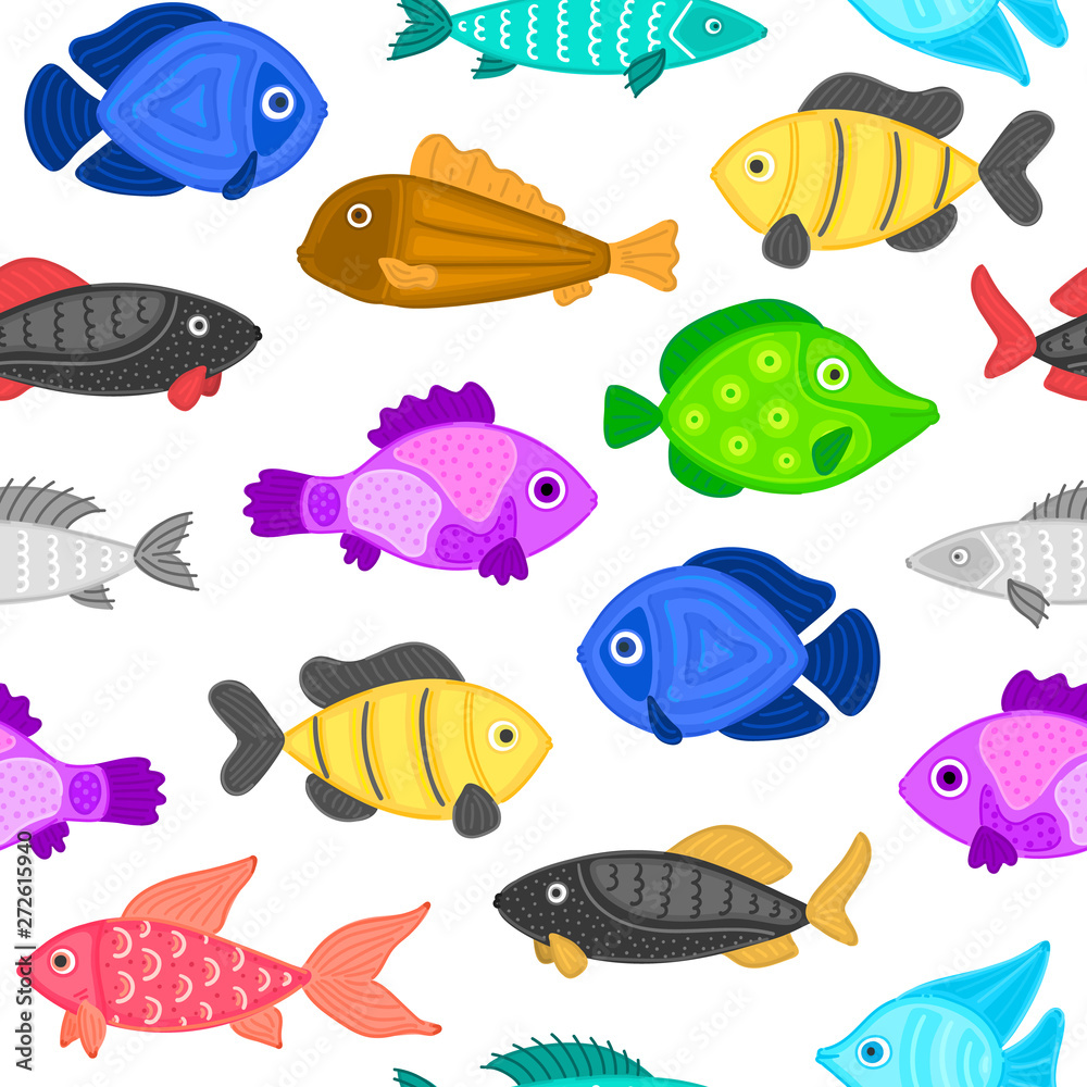 Fototapeta premium Vector seamless pattern with colorful abstract fish. Undersea world. Aquarium. Wrapping paper, package, wallpaper, poster, clothing and other textile in a pet store, fishing gear shop or aquapark