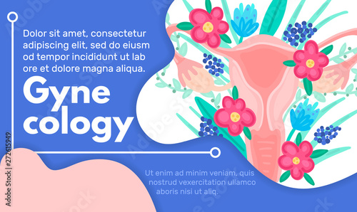 Web template with female reproductive system in flowers. Landing page. Woman health. Advertising for women's pads, lactobacillus, department of obstetrics and gynecology. Medical banner. Vector, eps10