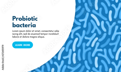 Vector background with probiotics. Bifidobacterium, lactobacillus. Lactic acid bacterium. Microbiome. Medicine or dietary supplement. Landing page, banner, mailing, advertising, label, presentation