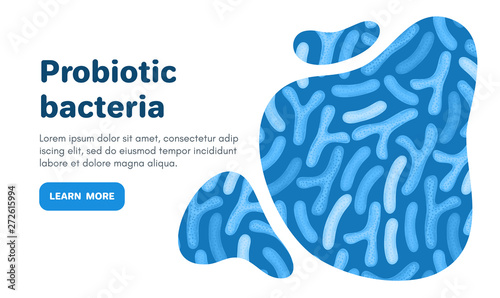 Vector background with probiotics. Bifidobacterium, lactobacillus. Lactic acid bacterium. Microbiome. Medicine or dietary supplement. Landing page, banner, mailing, advertising, label, presentation