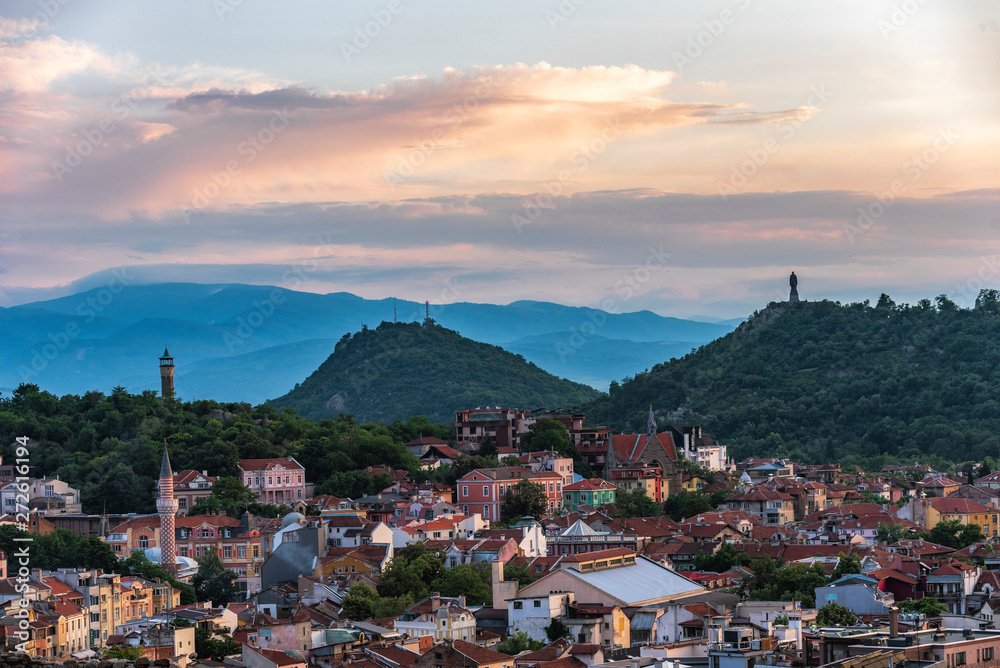 Panoramic summer sunset over Plovdiv - european capital of culture 2019 and oldest living city in Europe, Bulgaria