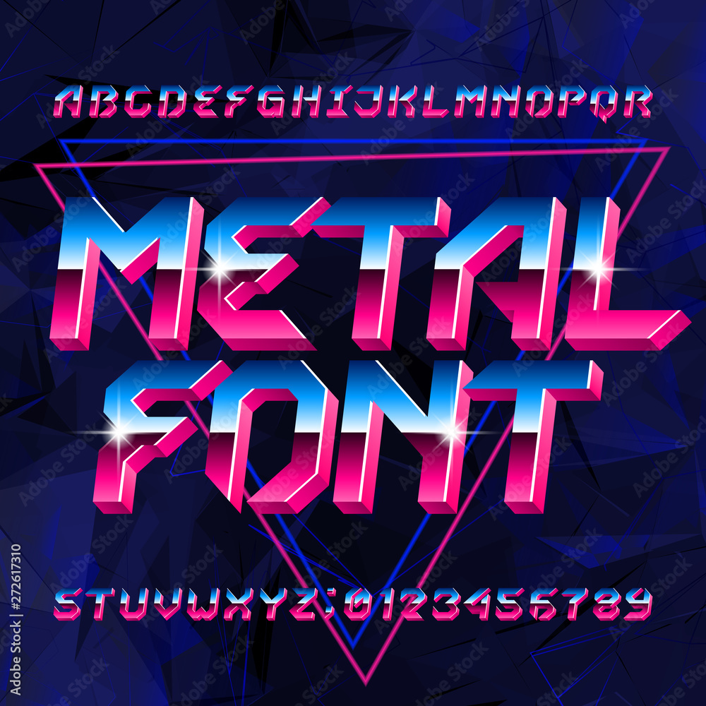80s Metal alphabet font. Letters, numbers and symbols on abstract background. Stock vector typescript font for your design in retro 80s style. - obrazy, fototapety, plakaty 